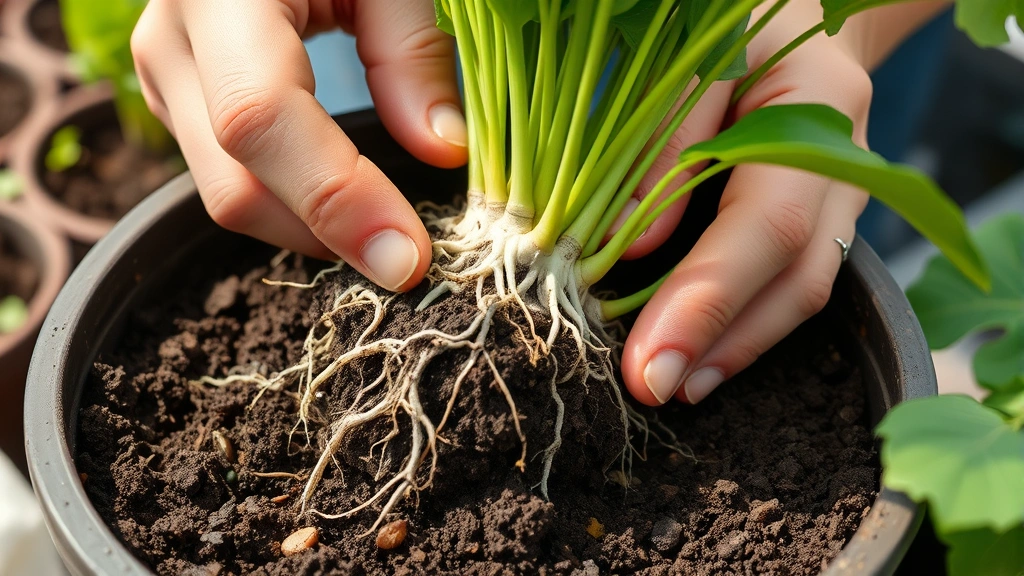 Close-up of gardener's hands inspecting plant roots and soil in nursery pot, checking for healthy white roots and proper moisture, natural daylight