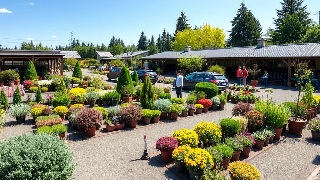 Wide view of West Seattle nursery outdoor display area with organized sections of shrubs, trees, and seasonal flowers, customers browsing in spring sunshine