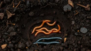 Close-up of rich dark soil with visible earthworms and mole tunnel cross-section showing layered earth, natural garden background, macro photography style
