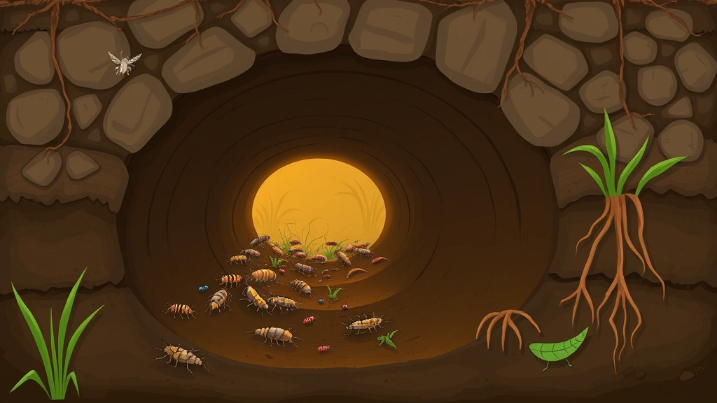 Underground view illustration showing mole tunnel network beneath garden soil with grubs and insects, cross-section view of soil layers and root systems
