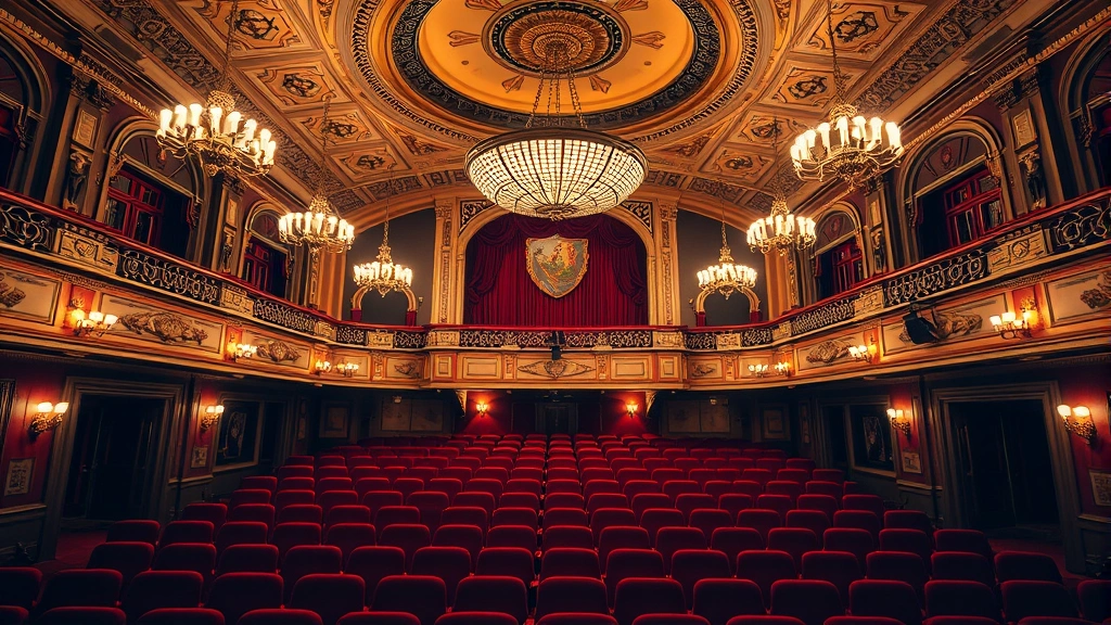 Historic Broadway theatre interior with ornate chandeliers, red velvet seats, and Art Deco architectural details in warm lighting, no people visible