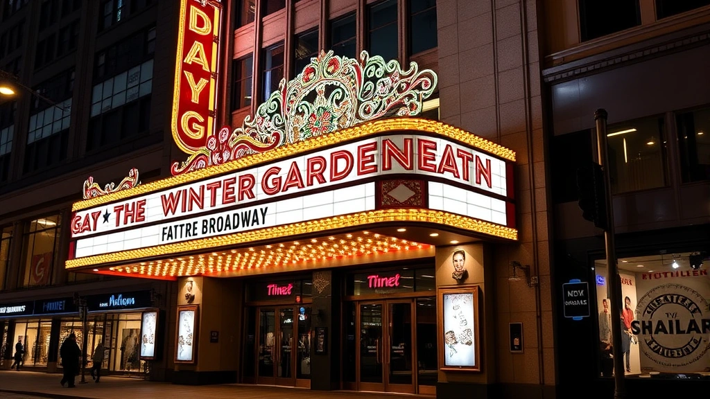 Exterior facade of Winter Garden Theatre at night with marquee lights and Broadway signage, urban Manhattan street scene with theatre entrance