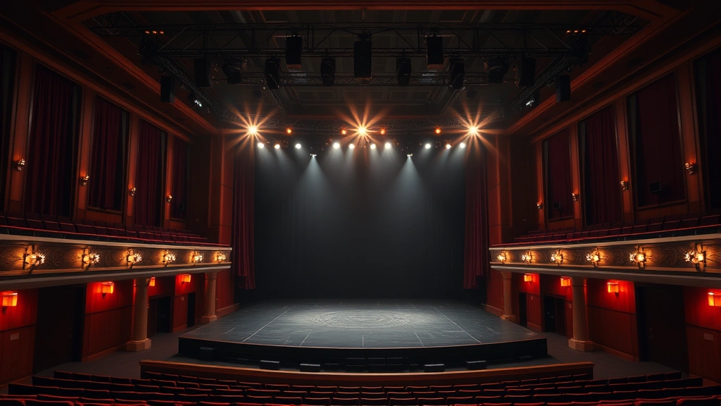 Grand theatre stage with professional lighting setup, empty orchestra pit, and audience seating visible, theatrical production ready venue