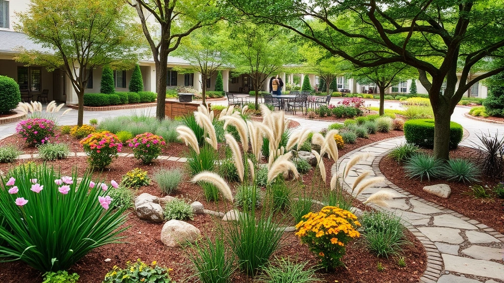 Professional hotel landscape design featuring native Georgia plants, flowering shrubs, ornamental grasses swaying in breeze, stone pathways through planted garden areas, well-maintained trees providing structure and shade, seasonal color displays with coordinated plantings, peaceful outdoor guest spaces integrated with natural landscaping elements