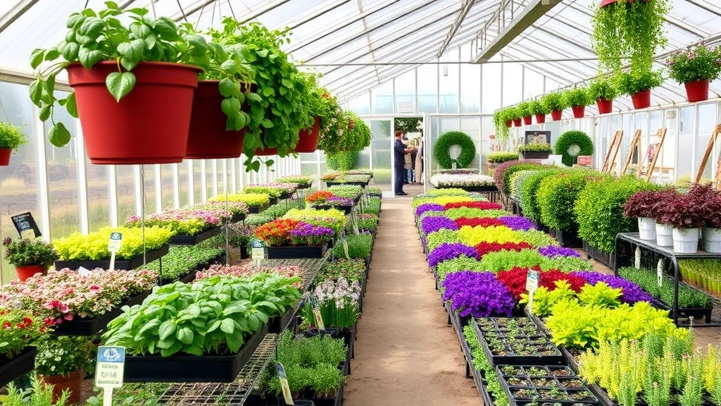 Local plant nursery greenhouse with hanging baskets and potted herbs including basil and parsley, rows of cold-hardy perennials and shrubs, natural daylight through glass panels, organized garden center display