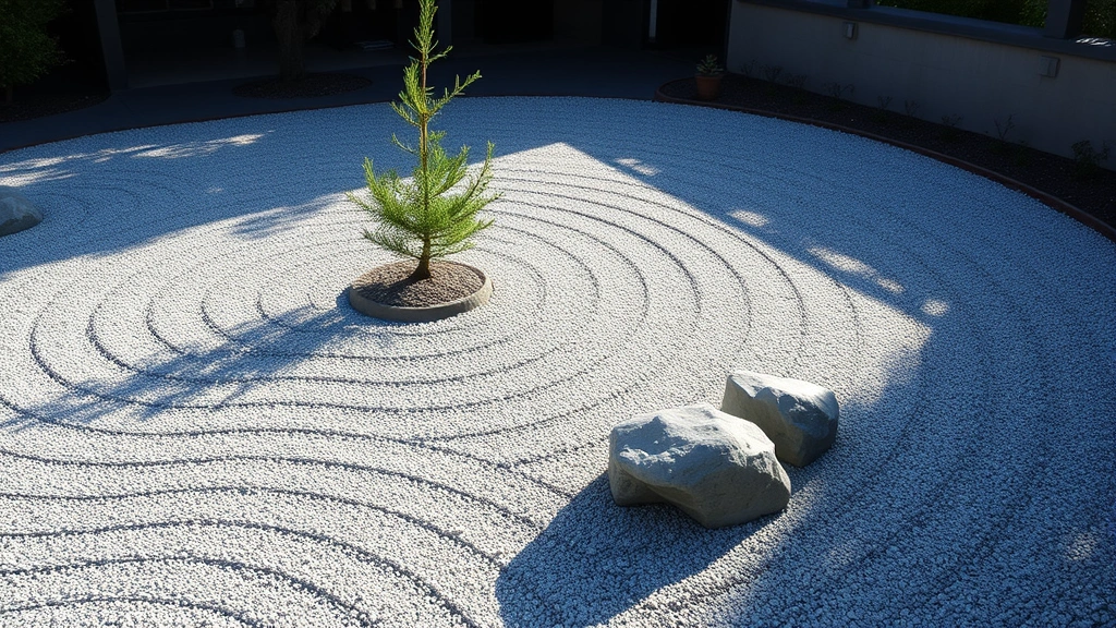 A minimalist Japanese-style zen garden with carefully raked gravel in wave patterns, strategically placed large gray stones, and a single dwarf conifer tree in soft afternoon sunlight. Sacramento landscape.