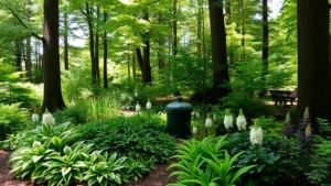 Lush shade garden with variegated hostas, ferns, and flowering astilbe beneath tall trees, dappled sunlight filtering through canopy, moist woodland soil with mulch, peaceful natural setting