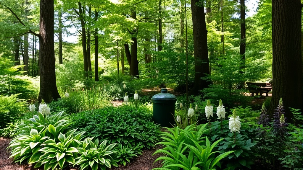 Lush shade garden with variegated hostas, ferns, and flowering astilbe beneath tall trees, dappled sunlight filtering through canopy, moist woodland soil with mulch, peaceful natural setting