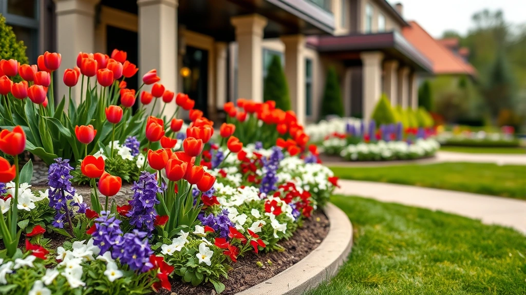 Wide shot of a hotel entrance featuring tiered flower beds with red tulips, white pansies, and purple hyacinths in spring, manicured lawn edges, clean garden borders, architectural building in soft focus background