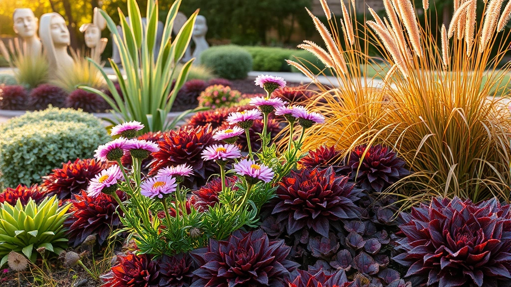 Autumn garden scene with pink asters, burgundy sedums, and ornamental grasses creating layered texture and color, golden afternoon light, garden sculptures visible in background, professional landscaping design