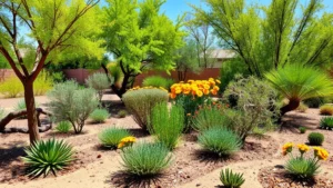 Lush desert garden with native palo verde trees, brittlebush, and desert marigold plants thriving in Phoenix's intense sunlight, showing drip irrigation lines and mulched soil, vibrant green foliage against sandy earth