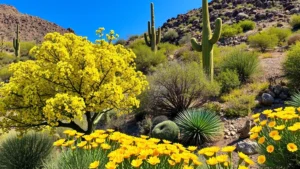 Lush Sonoran Desert landscape with blooming palo verde tree, vibrant yellow flowers, and saguaro cacti in background, bright Arizona sunlight, natural desert garden setting