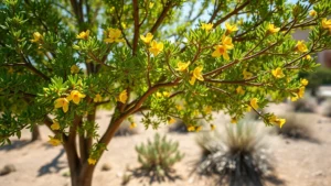 Close-up of vibrant palo verde tree with delicate green foliage and yellow flowers blooming in desert sunlight, casting dappled shadows on dry desert ground with native shrubs in soft focus background