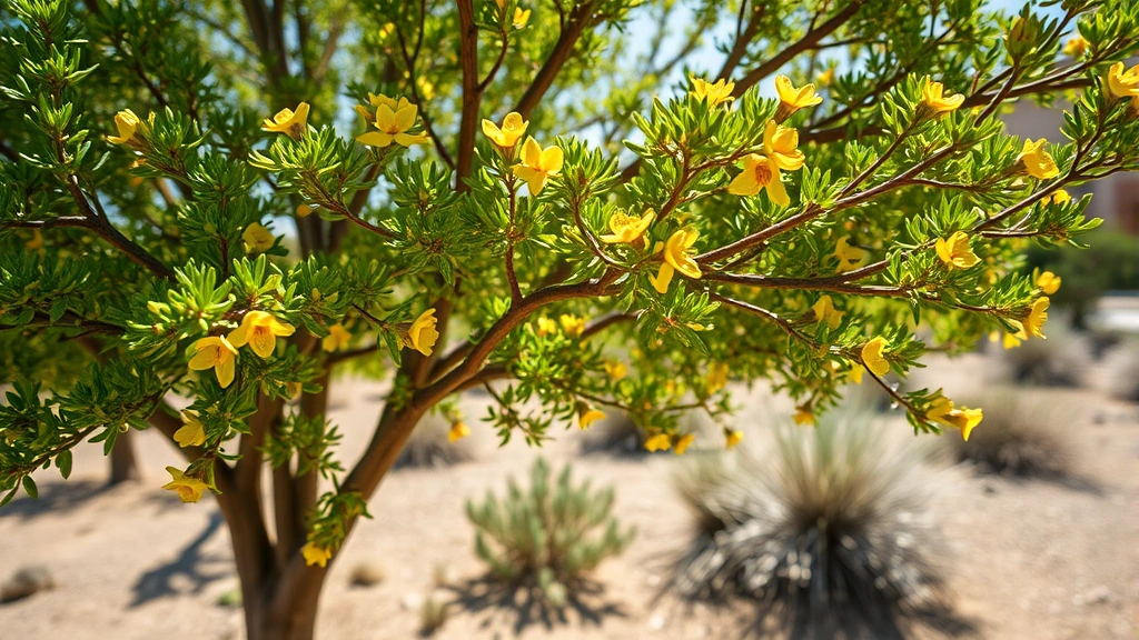 Close-up of vibrant palo verde tree with delicate green foliage and yellow flowers blooming in desert sunlight, casting dappled shadows on dry desert ground with native shrubs in soft focus background