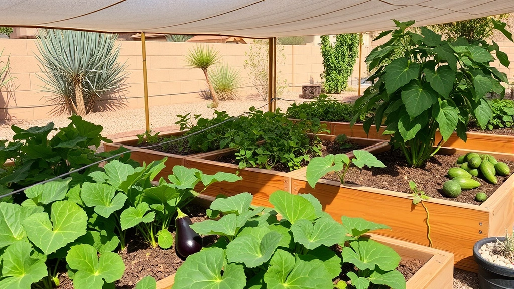Raised garden beds overflowing with summer heat-tolerant vegetables including eggplant, okra, and Armenian cucumber under shade cloth in intense desert heat, with organic mulch and drip irrigation visible