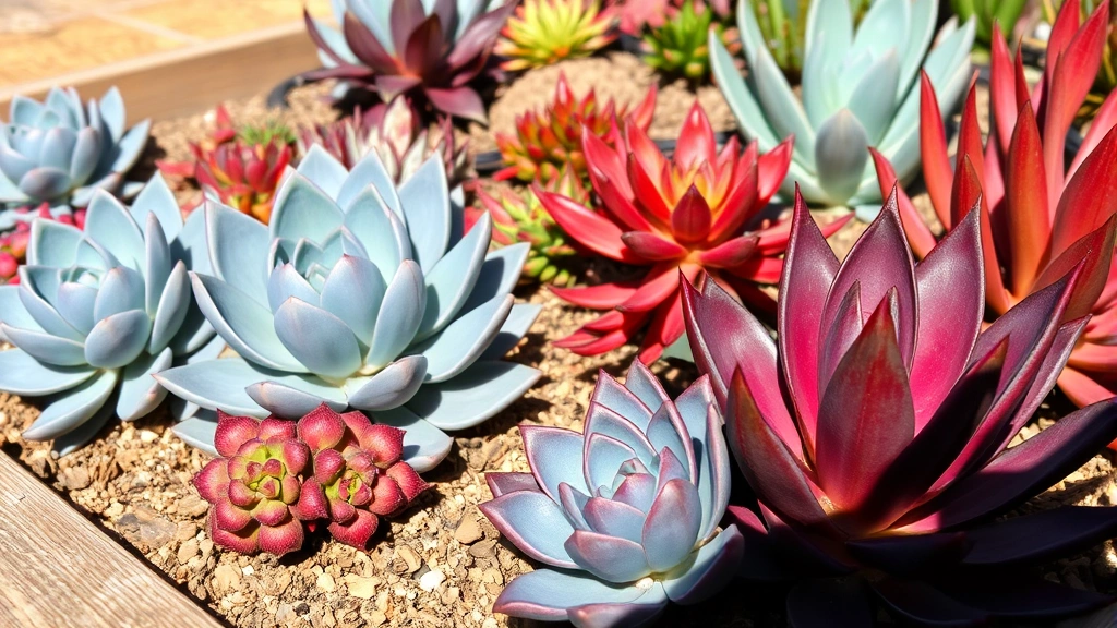 Close-up of colorful succulents and agave plants in raised garden bed, blue-green rosettes, red and purple foliage variations, well-draining soil visible, desert sun casting shadows