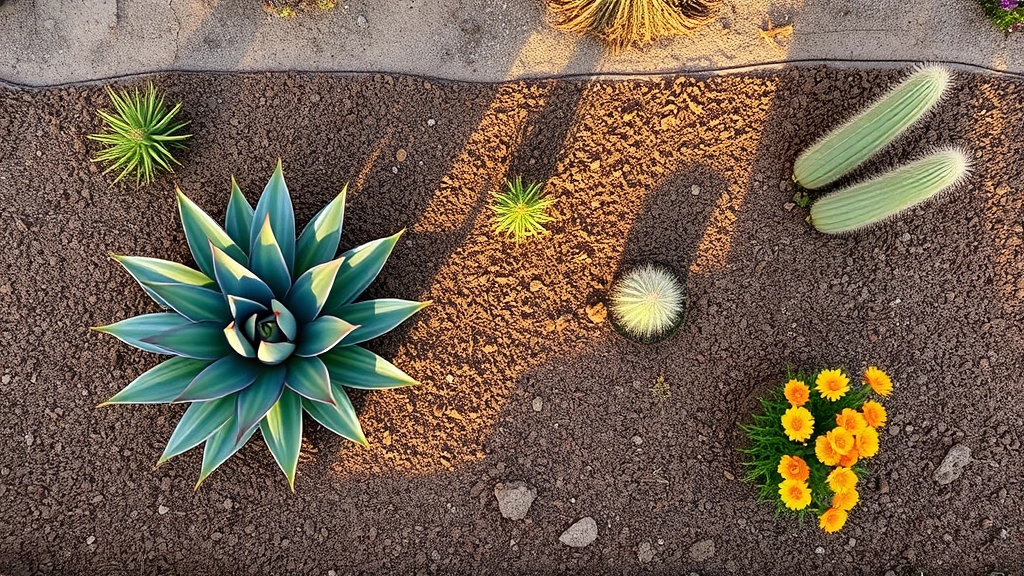 Overhead view of well-mulched desert garden bed with drip irrigation lines visible, featuring agave plants, barrel cacti, and desert marigold flowers with warm afternoon sunlight creating long shadows