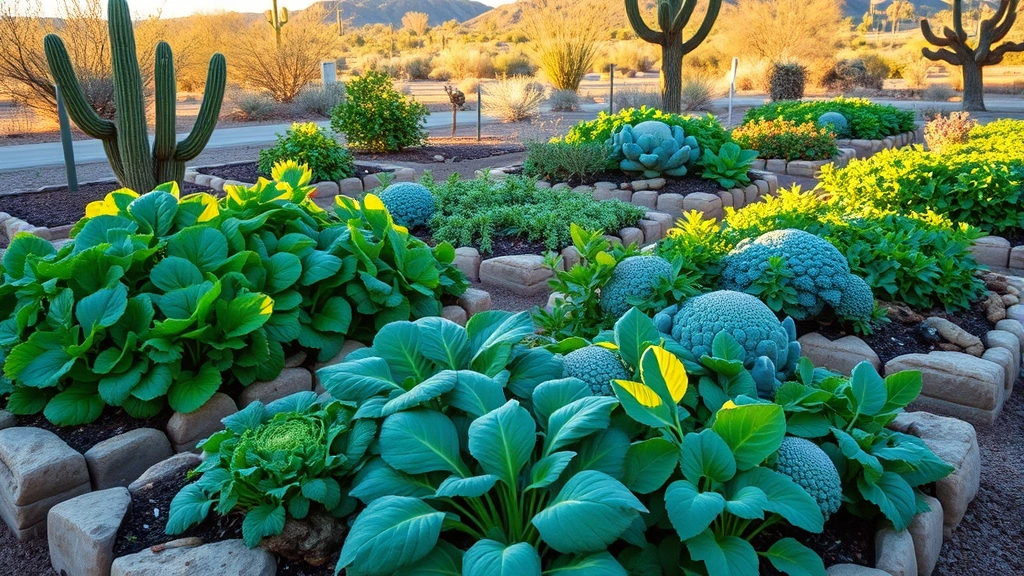Phoenix winter vegetable garden bursting with leafy greens, spinach, broccoli, and root vegetables in raised beds with native stone borders, morning light illuminating productive cool-season crops with desert landscape background