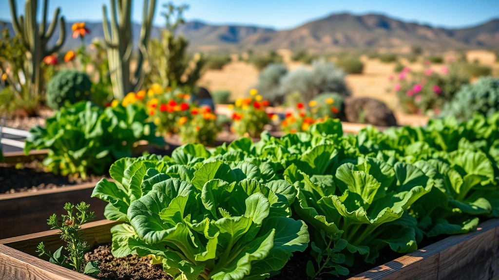 Lush cool-season vegetable garden in raised beds with lettuce, spinach, and broccoli plants thriving in winter sunlight, with blooming desert wildflowers and mountains visible in blurred background