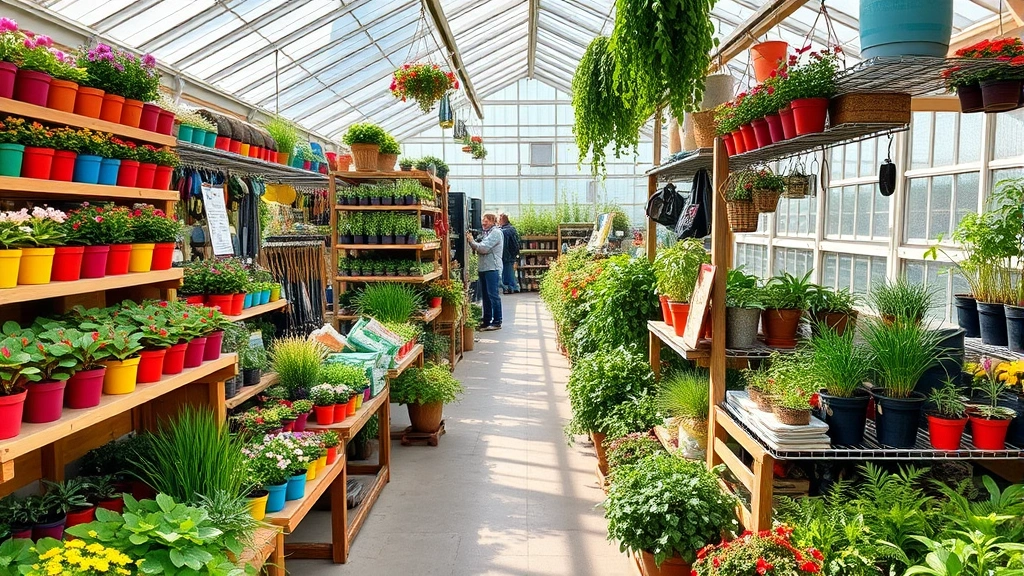 Well-organized garden center display with colorful plant pots, gardening tools, and soil bags arranged on wooden shelves, natural sunlight streaming through greenhouse, customers browsing plants