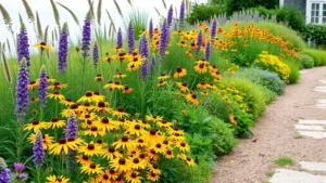 A vibrant summer perennial border featuring black-eyed Susans, coreopsis, and Russian sage in full bloom along a coastal New England garden pathway