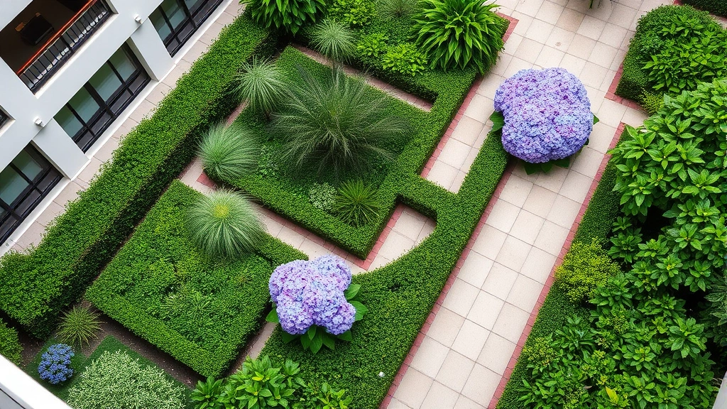 Overhead view of a modern hotel courtyard garden with neatly arranged boxwood hedges, ornamental grasses, and flowering hydrangeas in soft purple tones, clean pathways with natural stone paving, lush green foliage creating geometric patterns