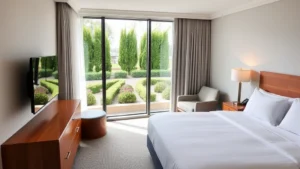 Modern hotel bedroom with crisp white linens, contemporary wood furniture, flat-screen TV, and natural light from window overlooking landscaped grounds with green shrubs and flowering planters