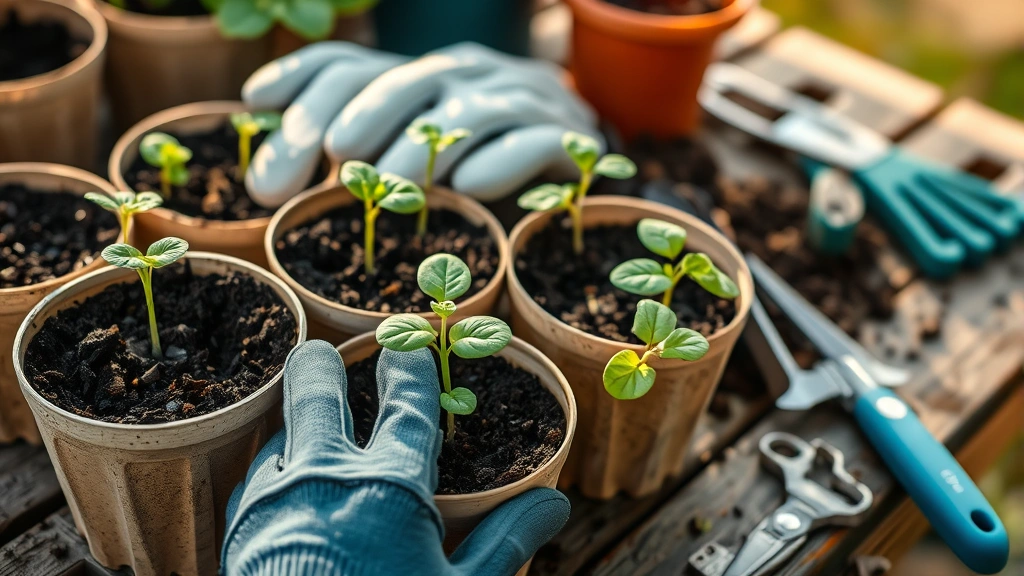 Close-up of healthy seedlings in biodegradable pots with rich dark soil, gardening gloves, and small hand tools arranged on wooden potting bench, morning light