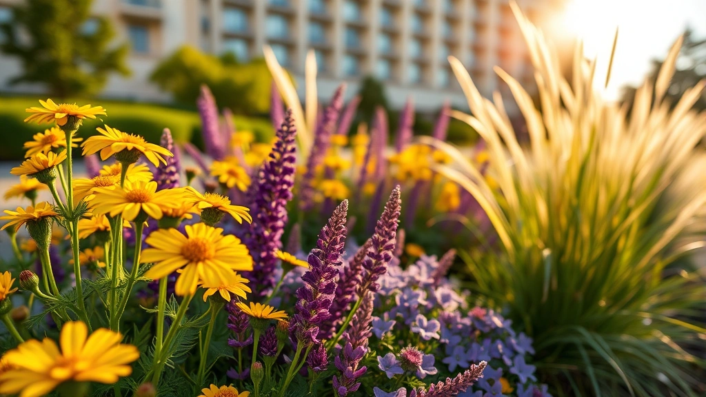 Close-up of vibrant mixed perennial borders featuring coreopsis yellow flowers, purple salvias, and ornamental grasses backlit by golden afternoon sunlight, soft-focus hotel building in background, professional landscape design