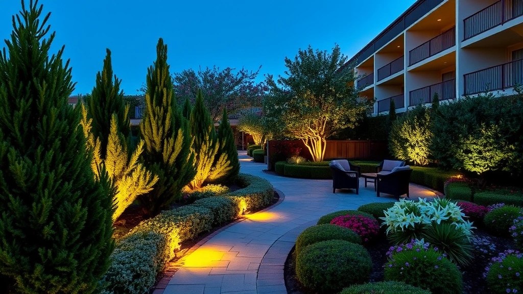 Evening photograph of illuminated hotel garden with uplit evergreen specimen plants, subtle pathway lighting on stone walkway, comfortable seating area surrounded by drought-tolerant shrubs and flowering plants, warm ambient lighting creating welcoming atmosphere