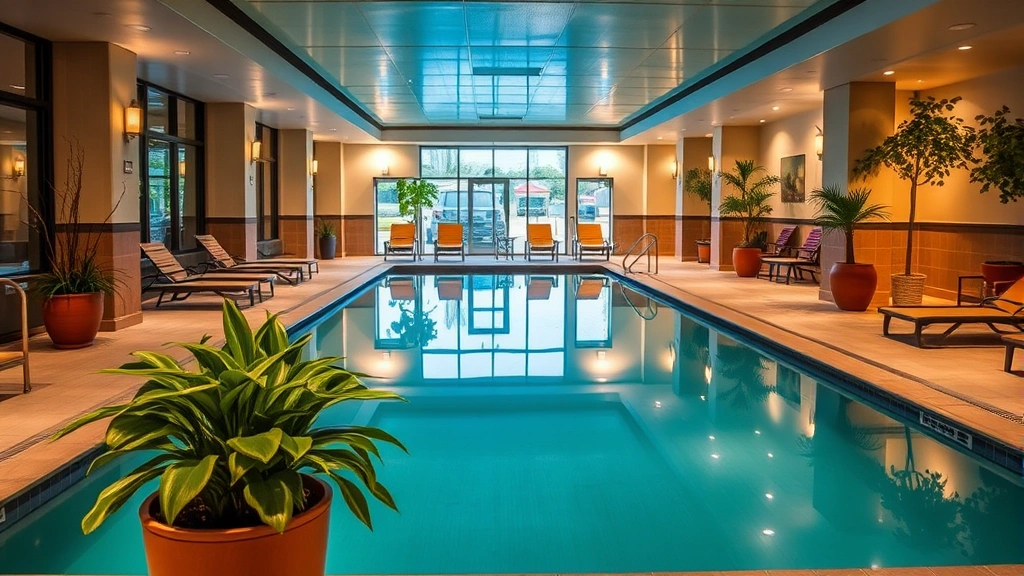 Indoor hotel swimming pool with clear blue water, surrounding lounge chairs, potted plants with green foliage, and warm ambient lighting reflecting off water surface