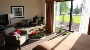 Pet-friendly hotel room with large window overlooking landscaped garden beds featuring native South Dakota plants, comfortable seating area, and natural sunlight streaming through curtains