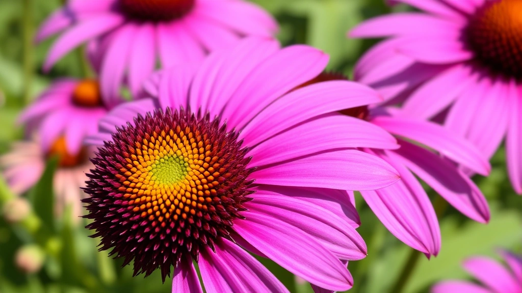 Close-up of vibrant purple coneflower (Echinacea) petals with yellow central disk, green foliage visible, natural daylight, photorealistic garden flower