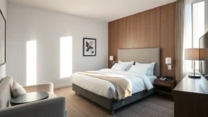 Bright modern hotel room with comfortable bed, natural light from window, contemporary furnishings, clean linens, neutral color palette, professional interior design