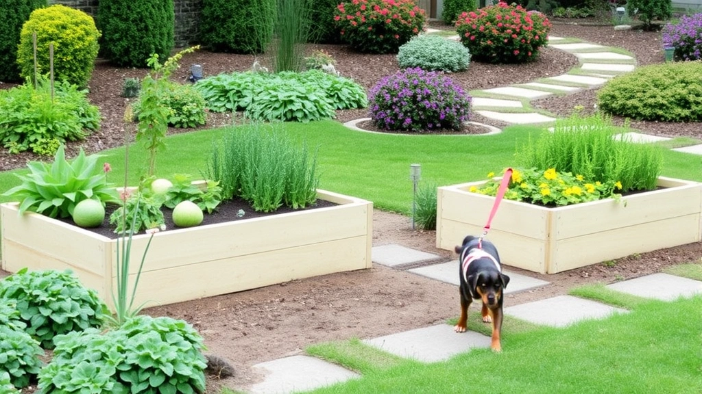Outdoor garden space with raised beds planted with herbs and vegetables, pet dog on leash exploring the area, manicured landscape with flowering shrubs and pathways