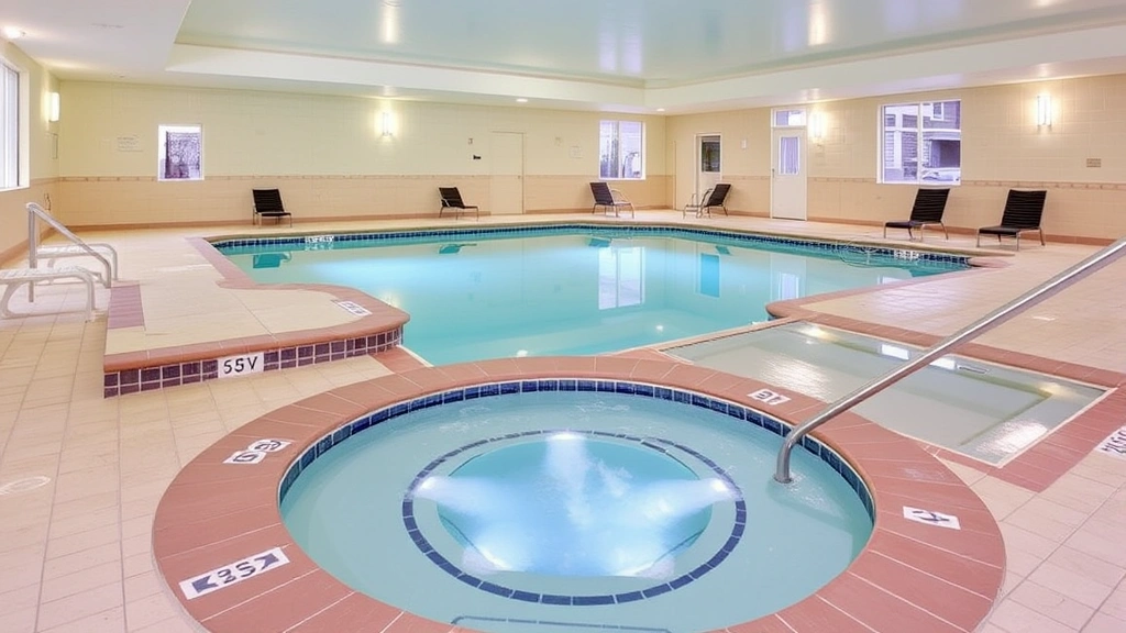 Indoor heated swimming pool with clear water, spa jets, comfortable lounge chairs nearby, clean tile surroundings, bright lighting, welcoming atmosphere for guests