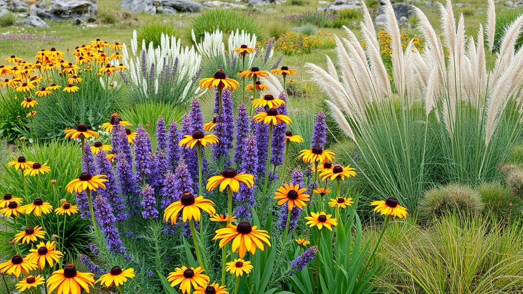 Landscape view of hardy perennials in full bloom including Russian sage, black-eyed Susans, and ornamental grasses in naturalized setting, photorealistic high-altitude garden