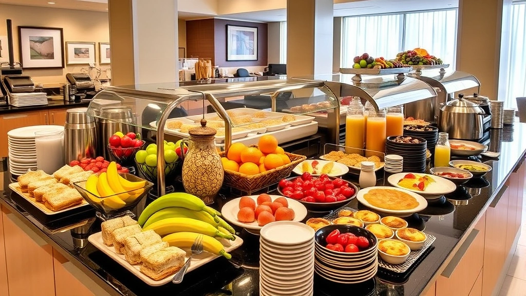 Breakfast buffet spread with fresh fruit, pastries, hot dishes, beverages, colorful arrangement, appetizing presentation, hotel dining area setting