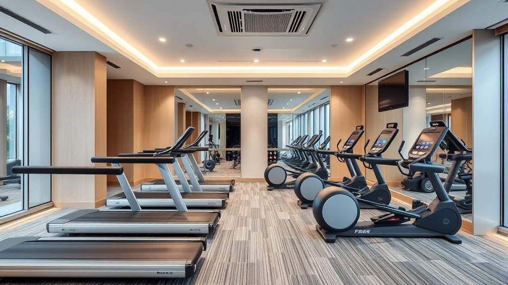 Indoor hotel fitness facility with modern equipment, bright lighting, comfortable workout space, clean contemporary design aesthetic