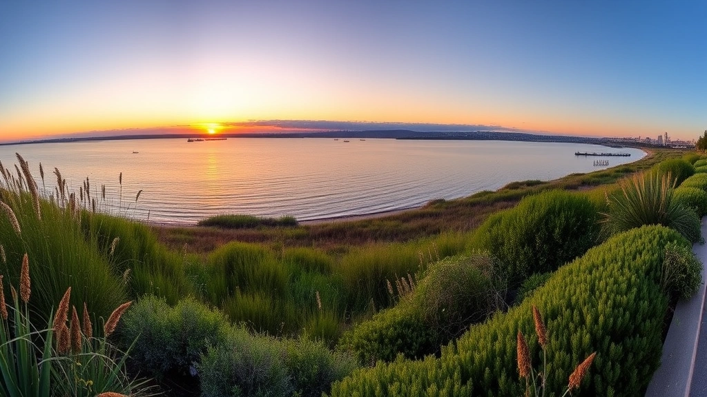 Panoramic view of San Diego Bay at sunset with native coastal plants, salt marsh vegetation, and waterfront landscape design featuring California native species