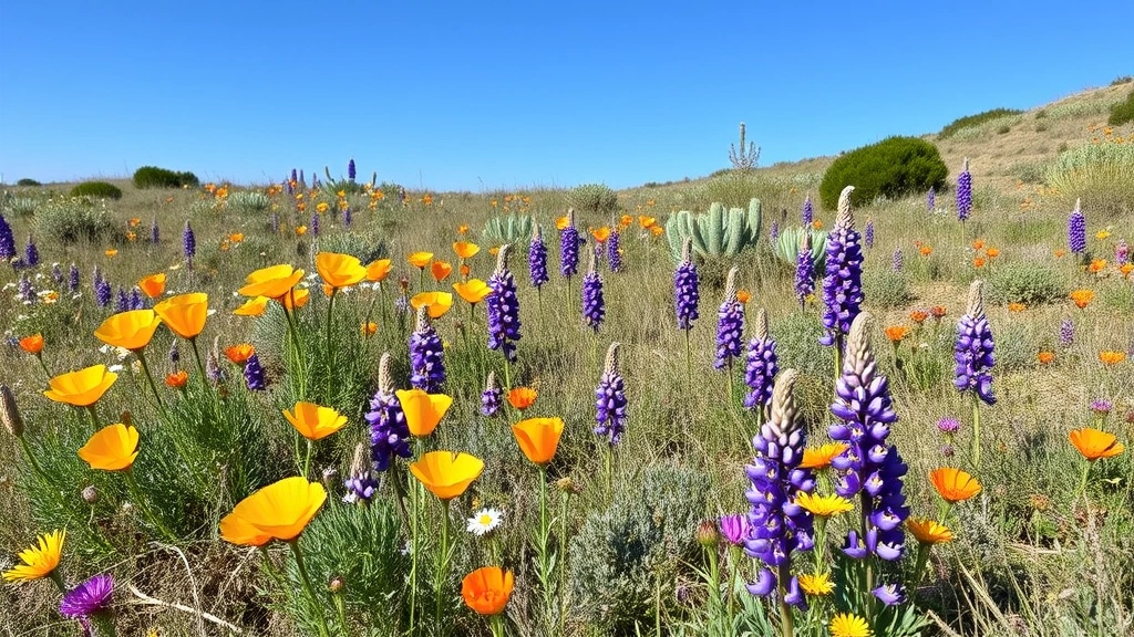 Spring wildflower meadow in San Diego County with native California poppies, lupines, and sage species blooming in natural landscape with clear blue sky