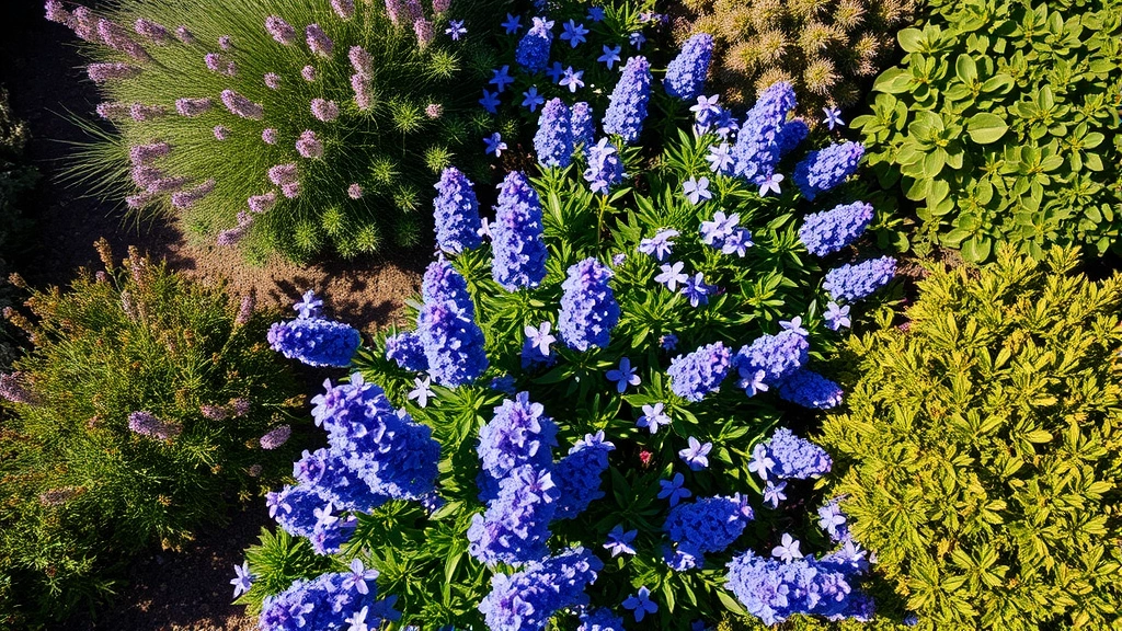 Overhead view of a lush San Diego garden with California lilac blue flowers, native sage plants with purple blooms, and drought-tolerant shrubs in full sun, coastal residential setting