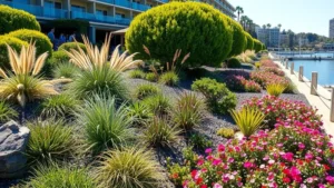 Lush waterfront hotel garden with layered plantings including native California shrubs, ornamental grasses, and blooming perennials in full color, professional landscape design visible, sunny San Diego day