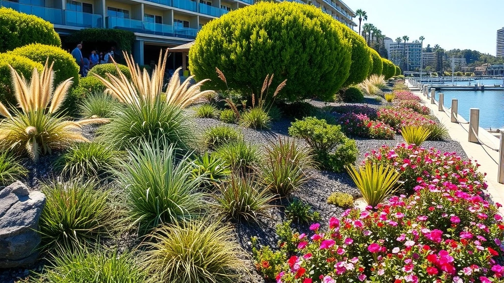 Lush waterfront hotel garden with layered plantings including native California shrubs, ornamental grasses, and blooming perennials in full color, professional landscape design visible, sunny San Diego day