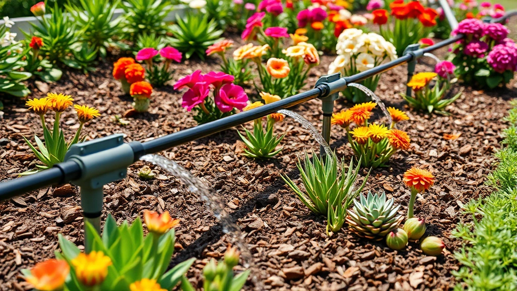 Close-up of drip irrigation system with soaker hoses delivering water to colorful flowering plants and succulents, mulch-covered beds, professional maintenance in action, bright natural lighting