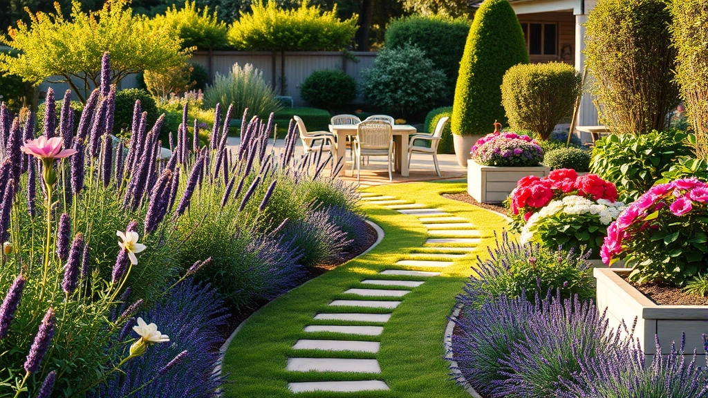 Curved garden pathway lined with fragrant plants like jasmine and lavender leading toward seating area, raised planter beds with seasonal flowers, hotel garden aesthetic, warm afternoon light
