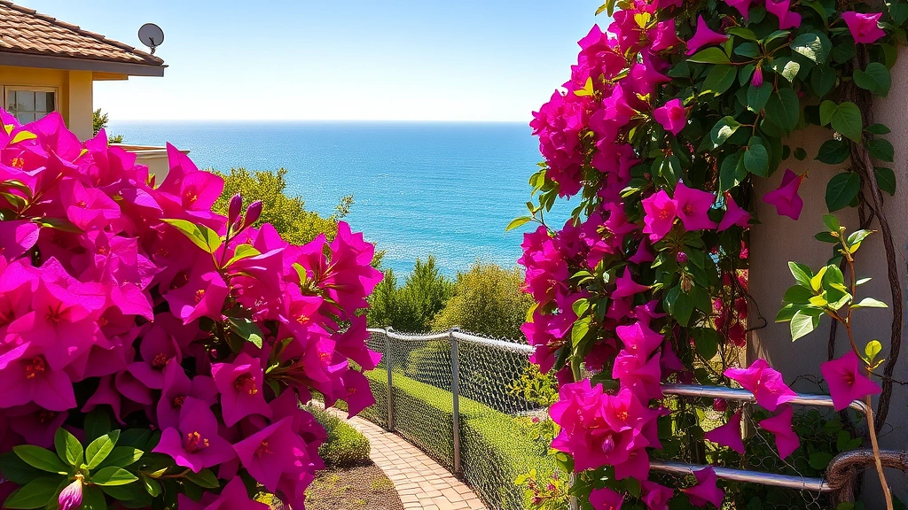 Lush San Diego garden with bougainvillea vines producing vibrant magenta flowers against coastal architecture, ocean-visible background, bright afternoon sunlight