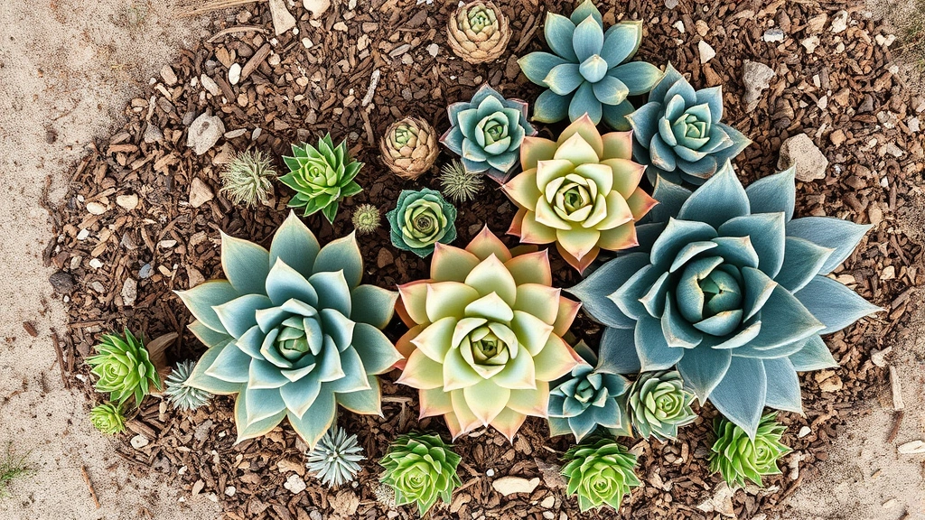 Overhead view of drought-tolerant succulent garden with agave, echeveria, and dudleya rosettes in sandy coastal soil with mulch, Mediterranean plants thriving