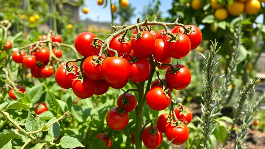 Productive San Diego vegetable garden with cherry tomato plants heavy with red fruit, basil and rosemary herbs, citrus trees in background, full summer sunlight