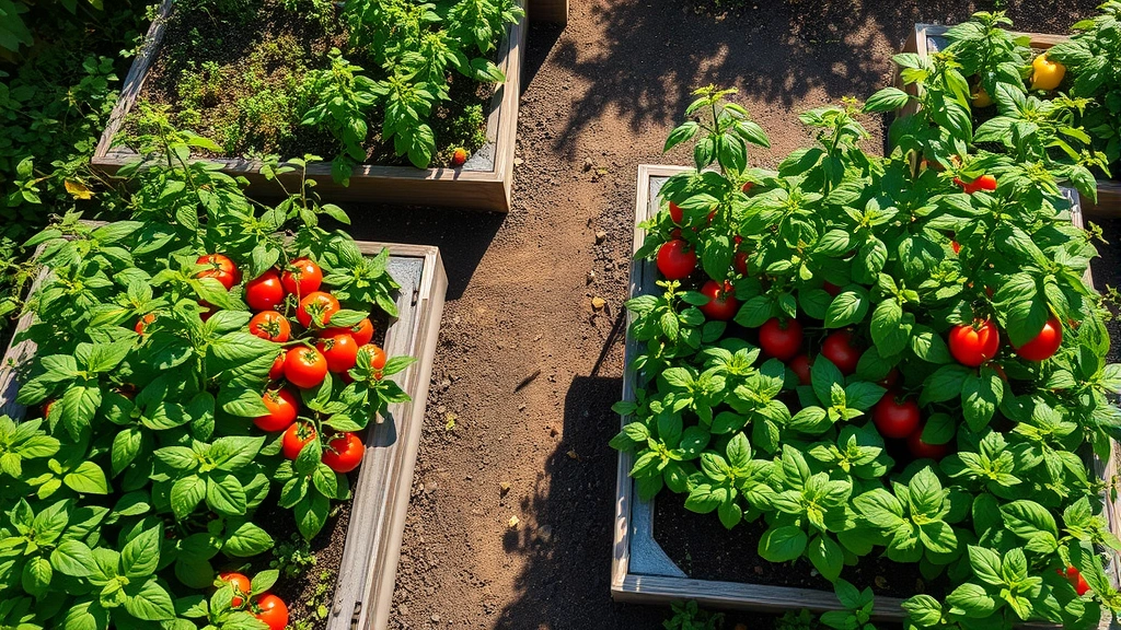 Wide-angle overhead view of a lush San Jose backyard garden with raised beds overflowing with tomato plants, peppers, and basil herbs in late spring sunlight, showing healthy green foliage and productive growth
